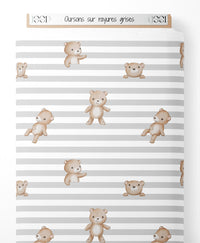 Tissu - Oursons sur rayures grises