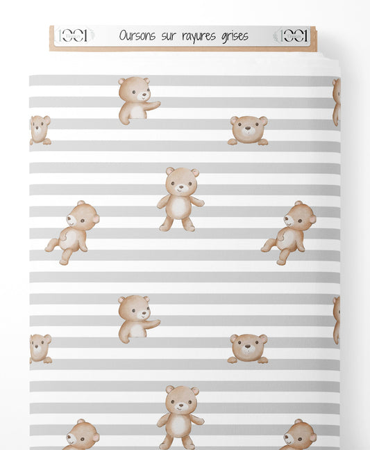 Tissu - Oursons sur rayures grises