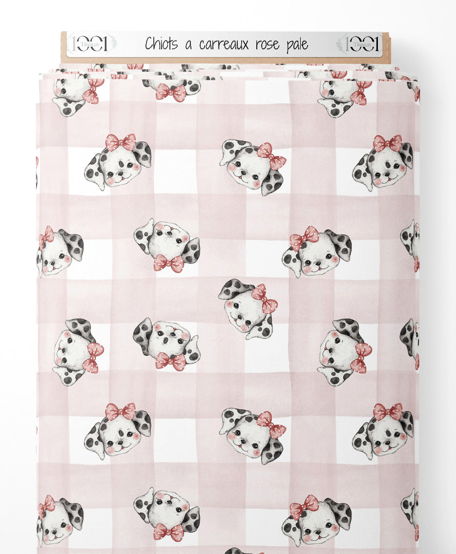 Tissu - Chiots à carreaux rose pâle