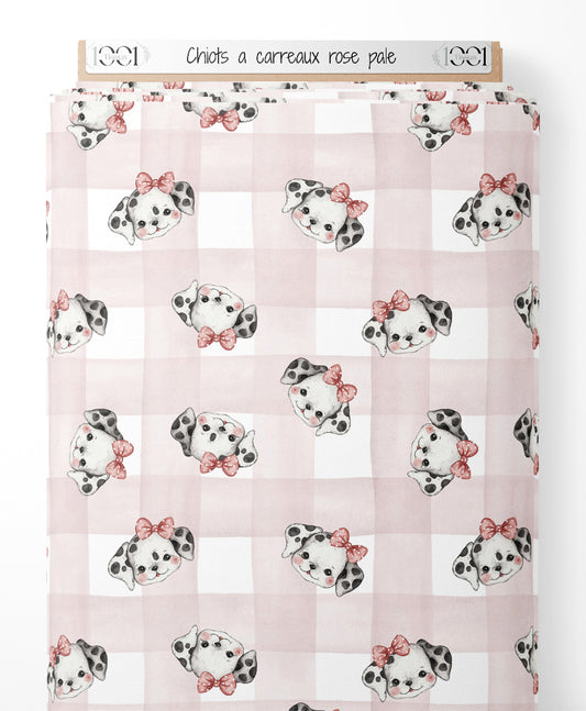 Tissu - Chiots à carreaux rose pâle
