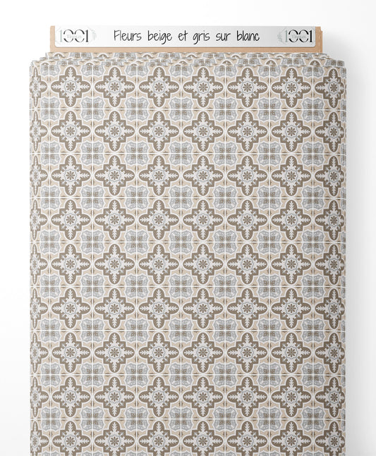 Tissu - Fleurs beige et gris sur blanc