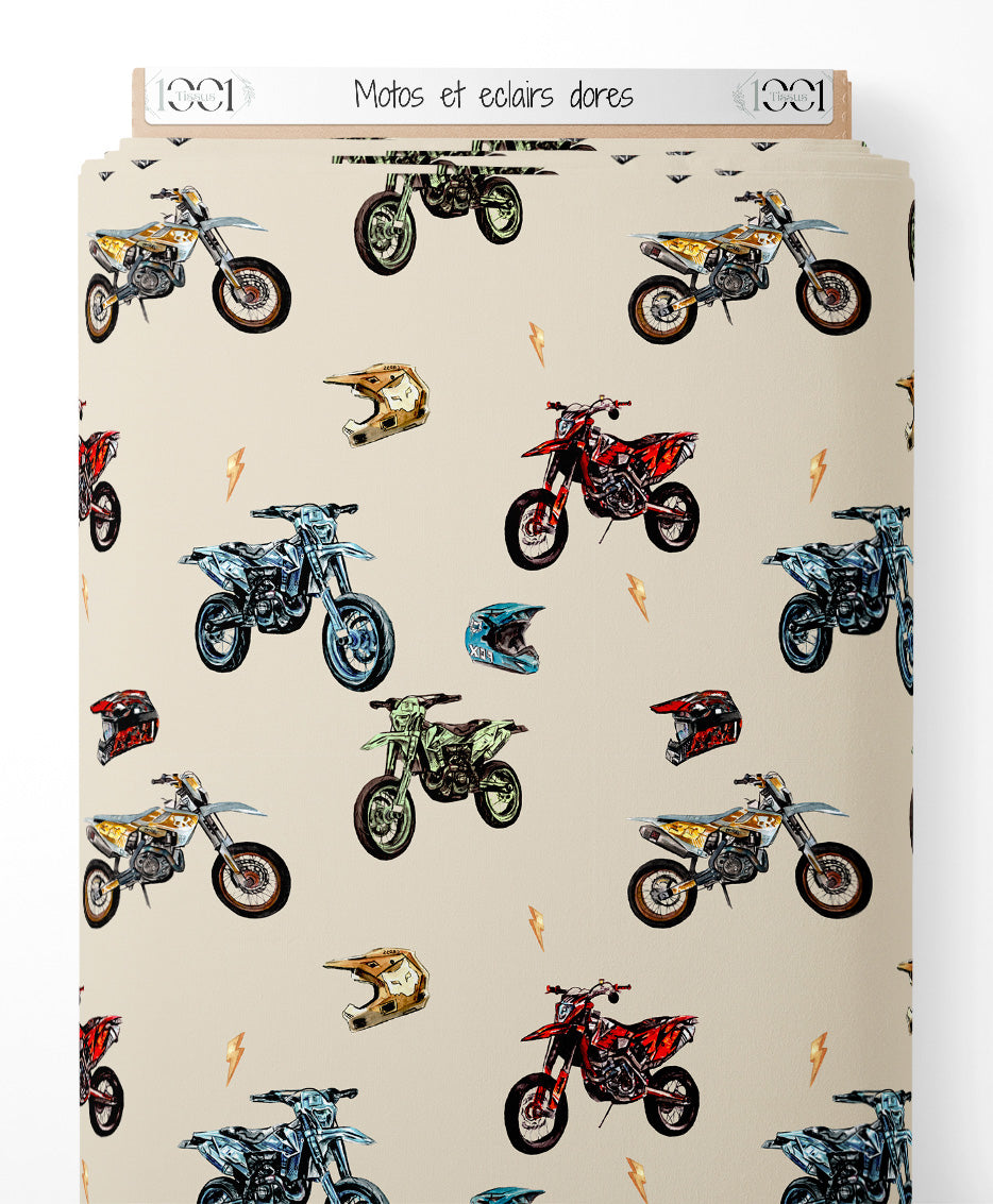 Tissu - Motos et éclairs dorés