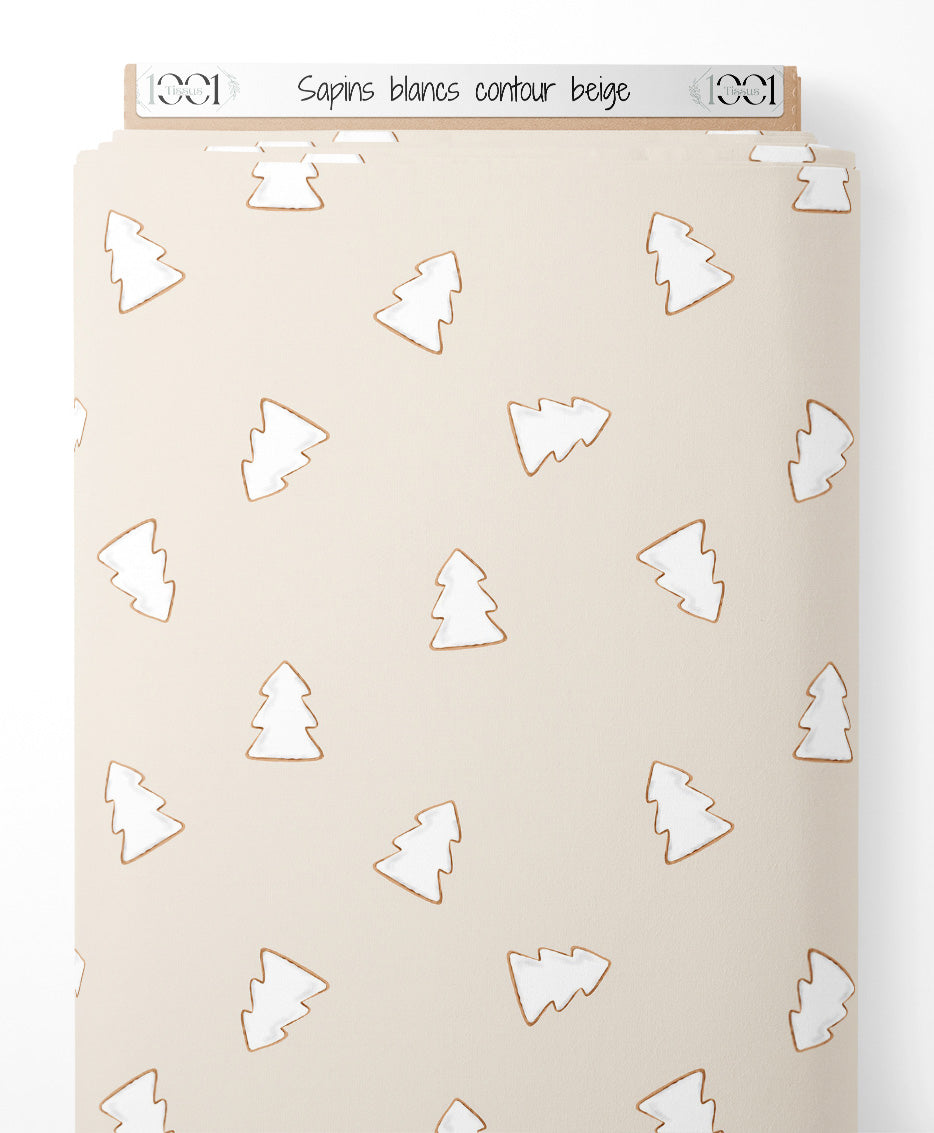 Tissu - Sapins blancs contour beige