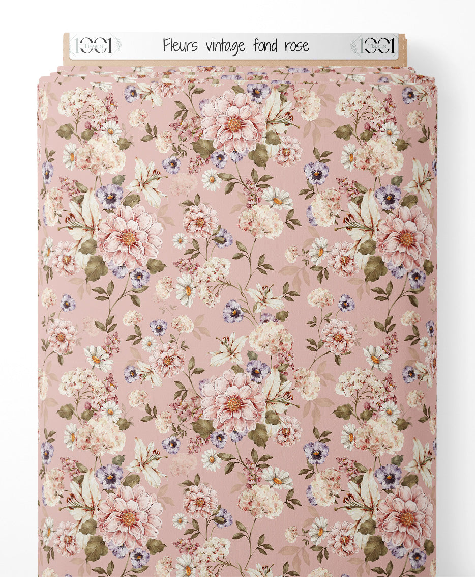 Tissu - Fleurs vintage sur fond rose