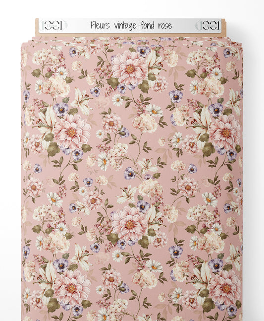 Tissu - Fleurs vintage sur fond rose