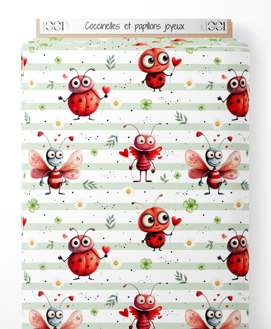 Tissu - Coccinelles et papillons joyeux