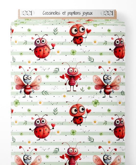 Tissu - Coccinelles et papillons joyeux