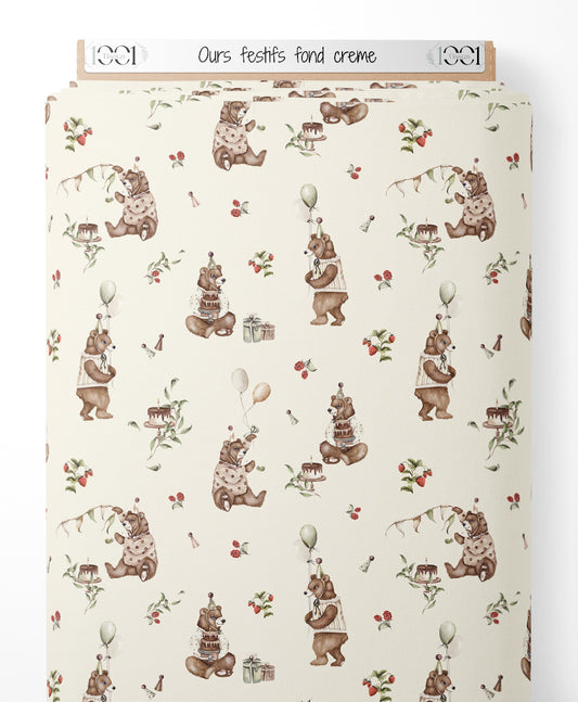 Tissu - Ours festifs sur fond crème