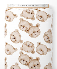 Tissu - Ours marron clair sur blanc