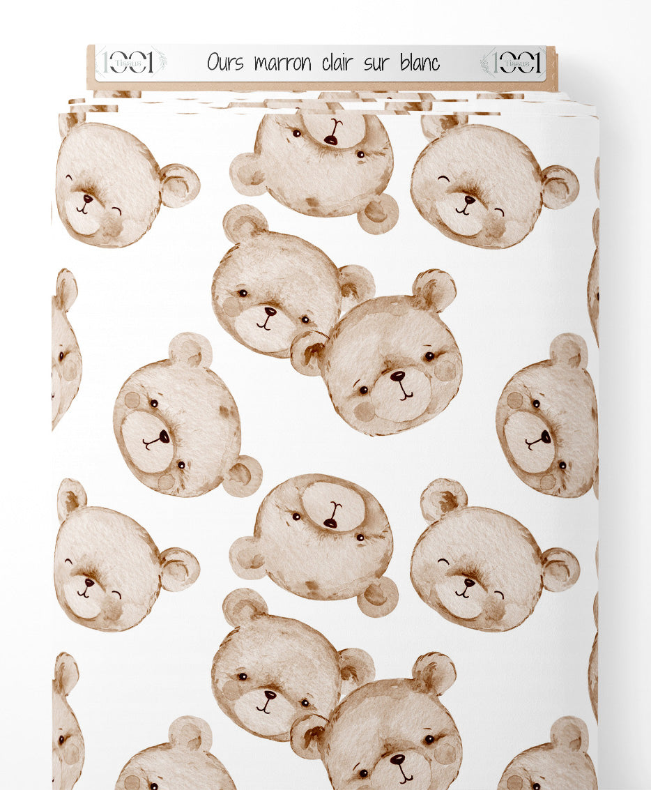 Tissu - Ours marron clair sur blanc