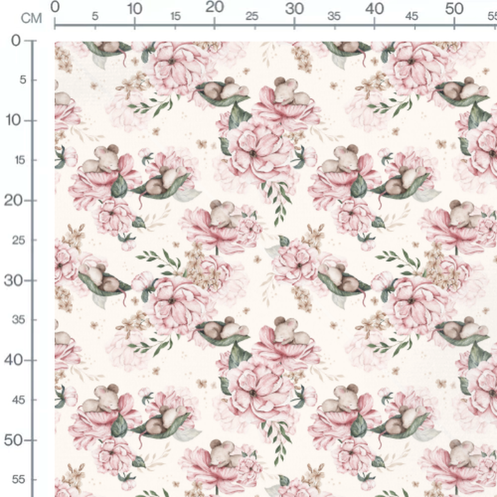 Tissu - Rongeurs sur fleurs roses
