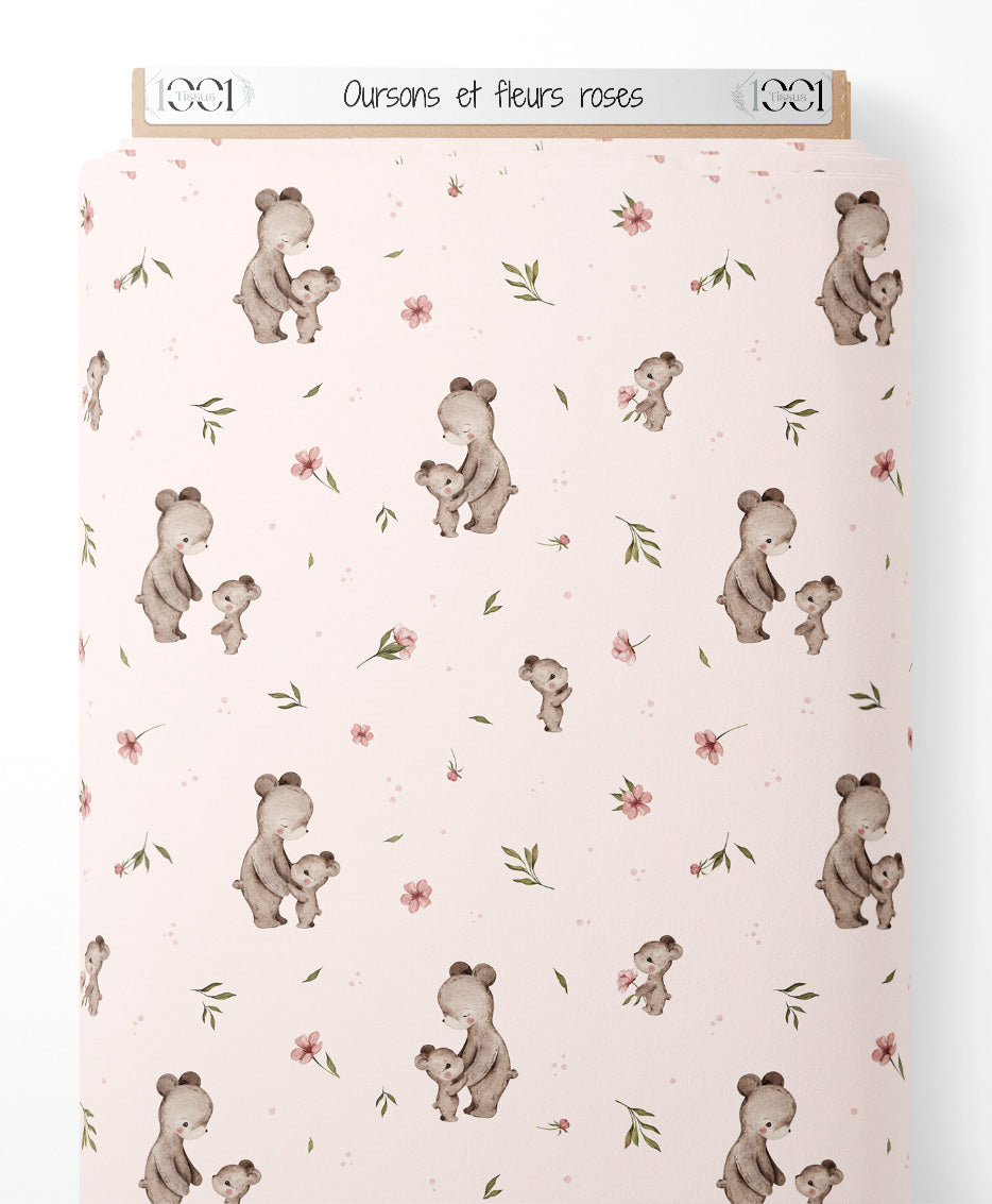 Tissu - Oursons et fleurs roses