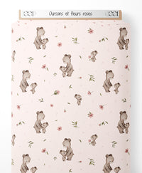 Tissu - Oursons et fleurs roses