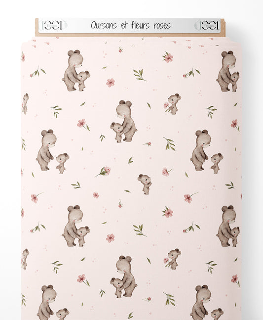 Tissu - Oursons et fleurs roses