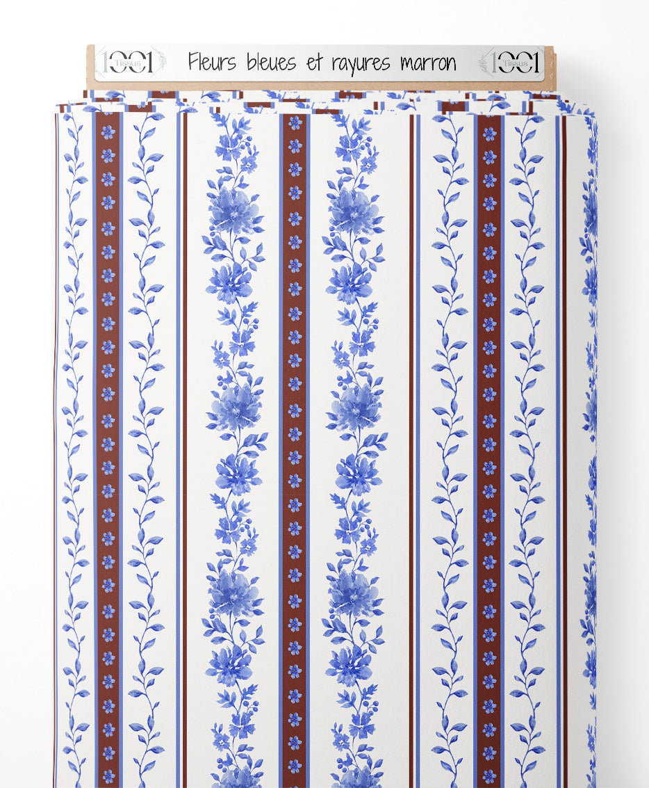 Tissu - Fleurs bleues et rayures marron