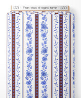 Tissu - Fleurs bleues et rayures marron