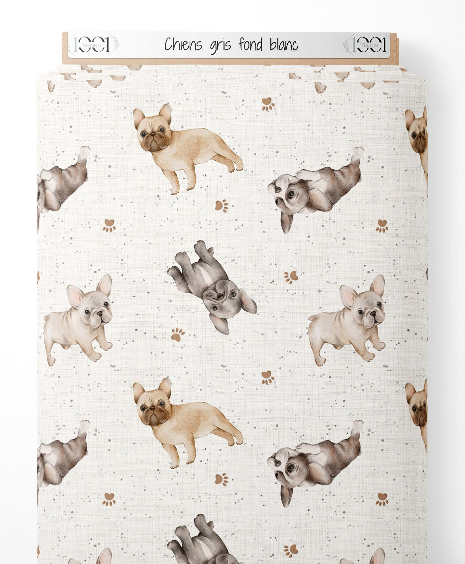 Tissu - Chiens gris sur fond blanc