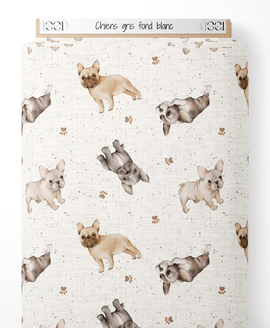 Tissu - Chiens gris sur fond blanc