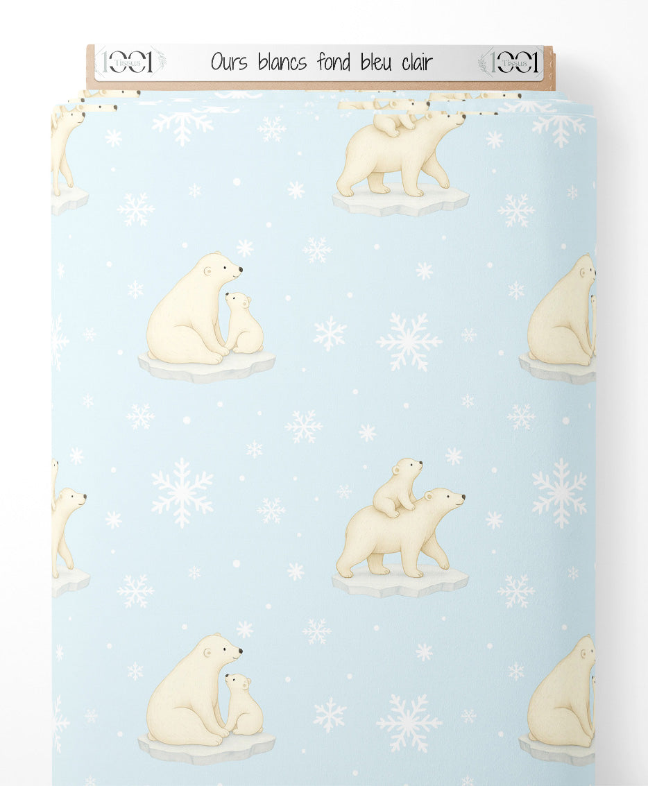 Tissu - Ours blancs sur fond bleu clair