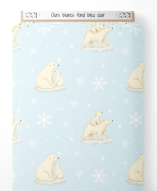 Tissu - Ours blancs sur fond bleu clair