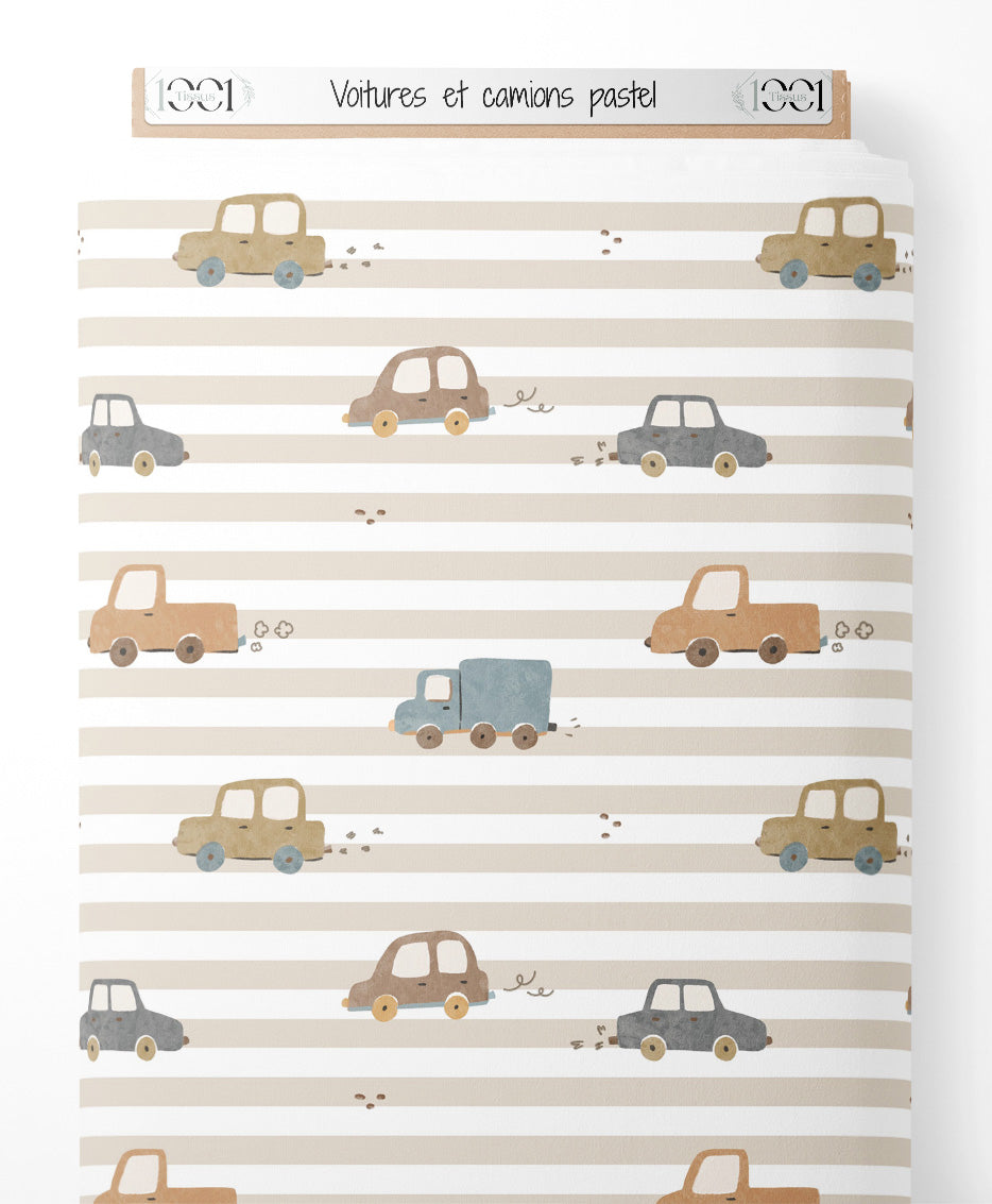 Tissu - Voitures et camions pastel