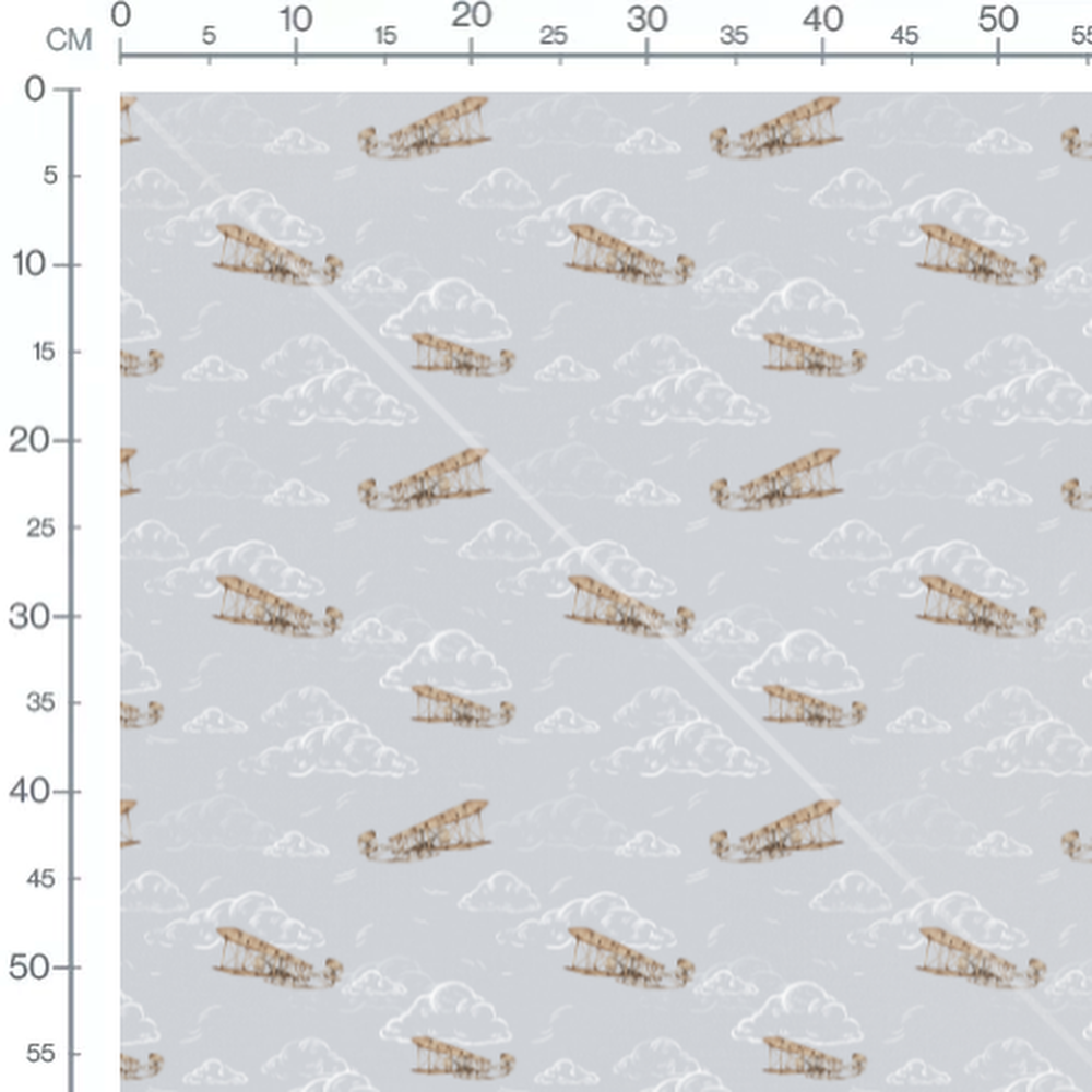 Tissu - Biplans sur fond gris nuageux