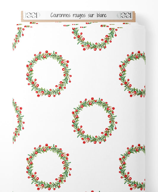 Tissu - Couronnes rouges sur blanc