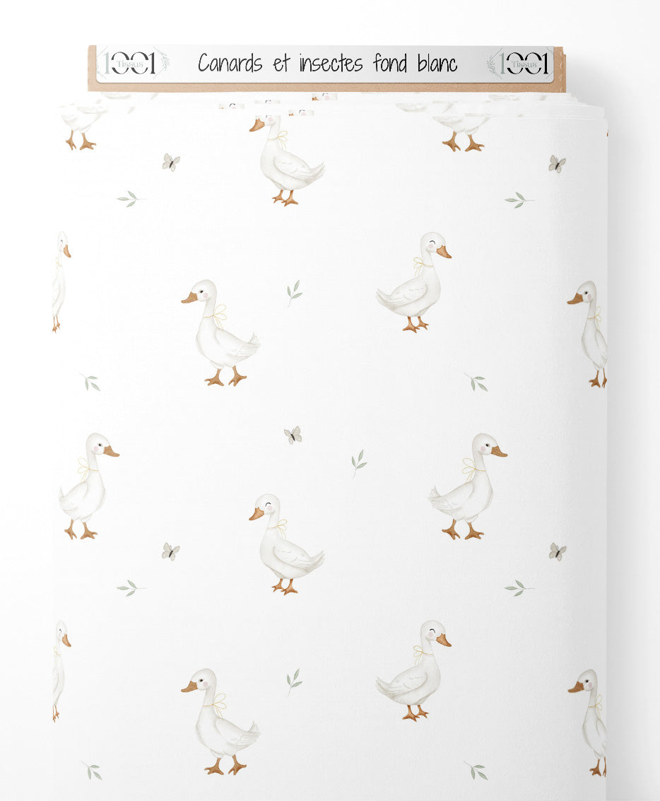 Tissu - Canards et insectes sur fond blanc