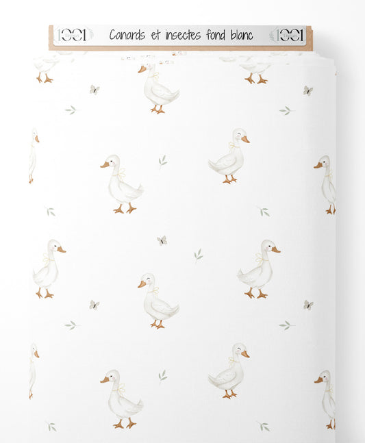 Tissu - Canards et insectes sur fond blanc