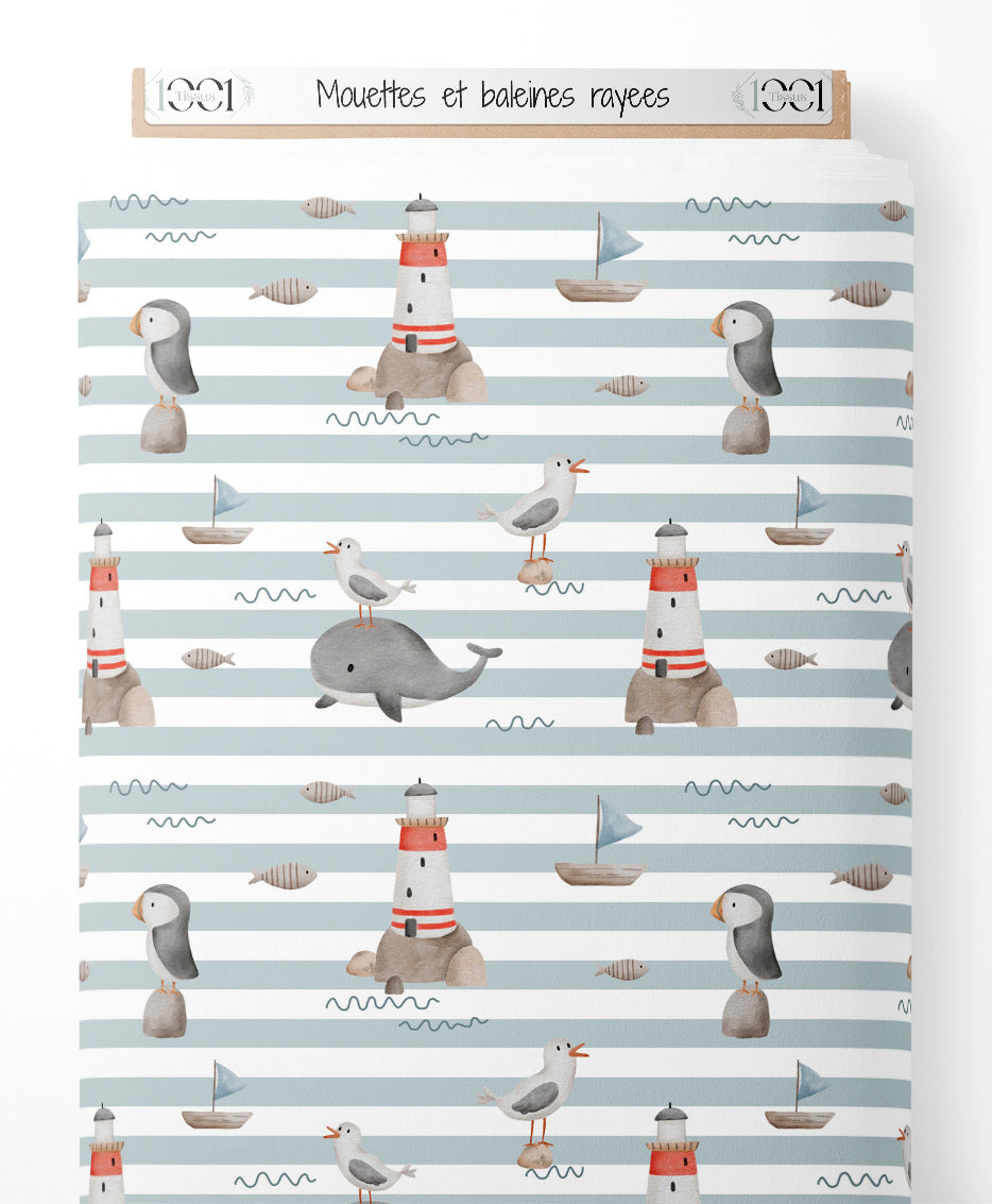 Tissu - Mouettes et baleines rayées