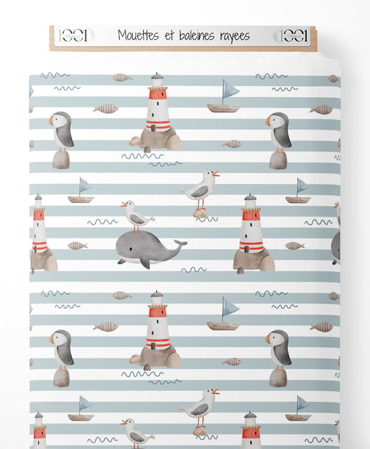 Tissu - Mouettes et baleines rayées