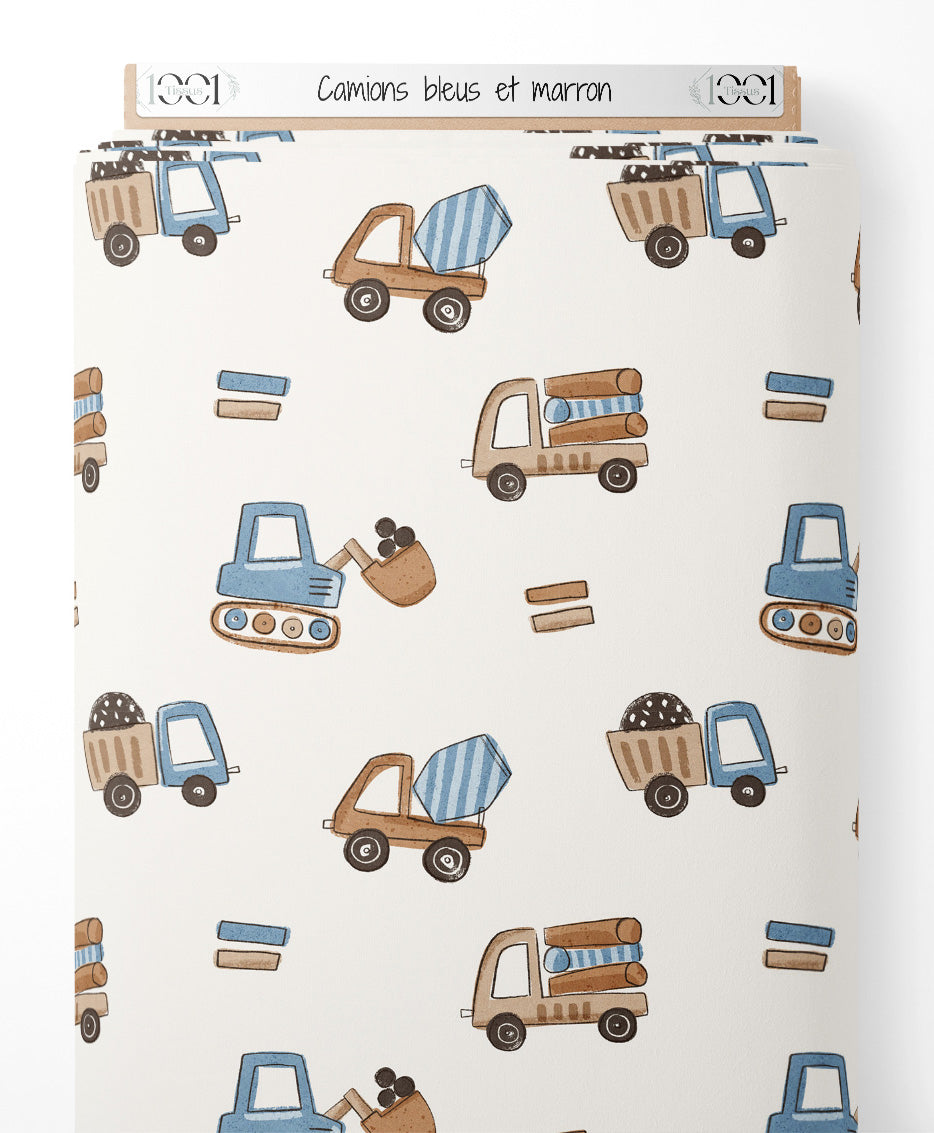 Tissu - Camions bleus et marron