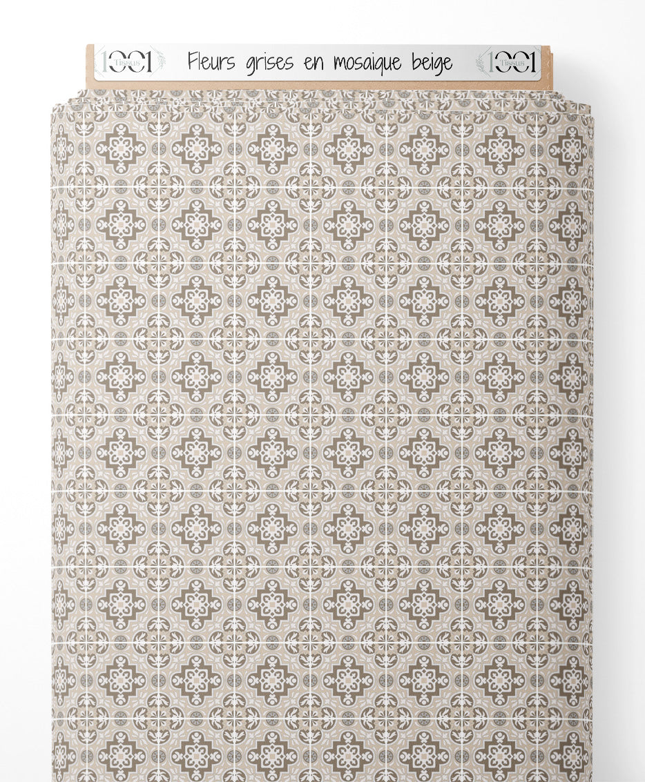 Tissu - Fleurs grises en mosaïque beige