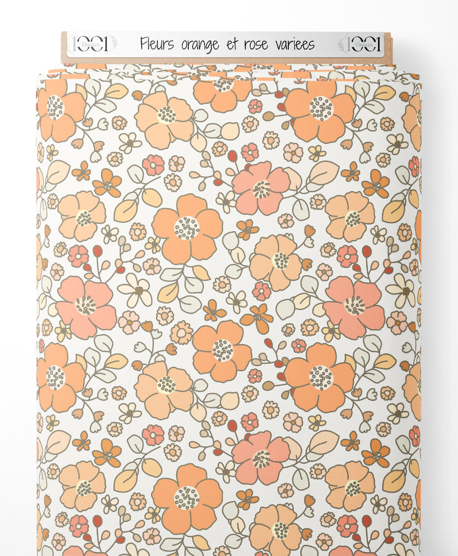 Tissu - Fleurs orange et rose variées
