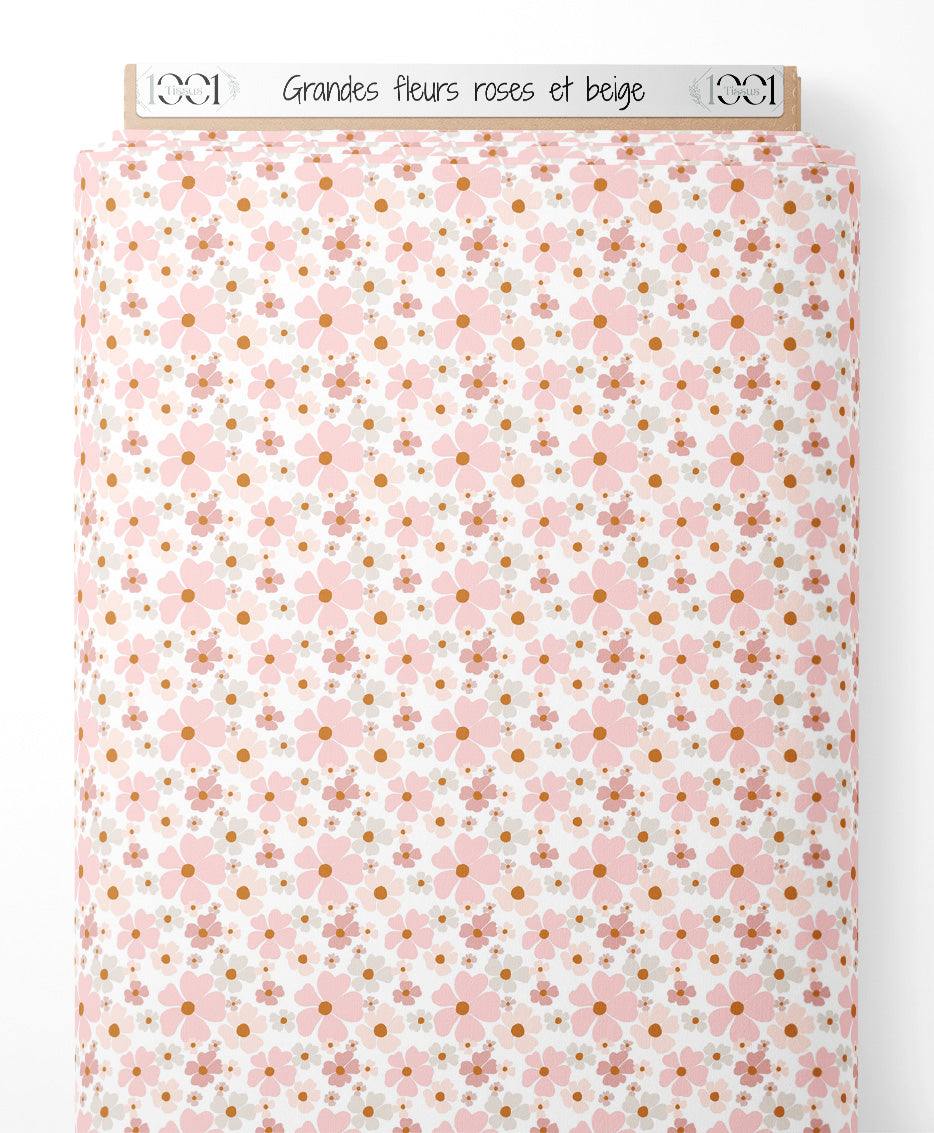 Tissu - Grandes fleurs roses et beige
