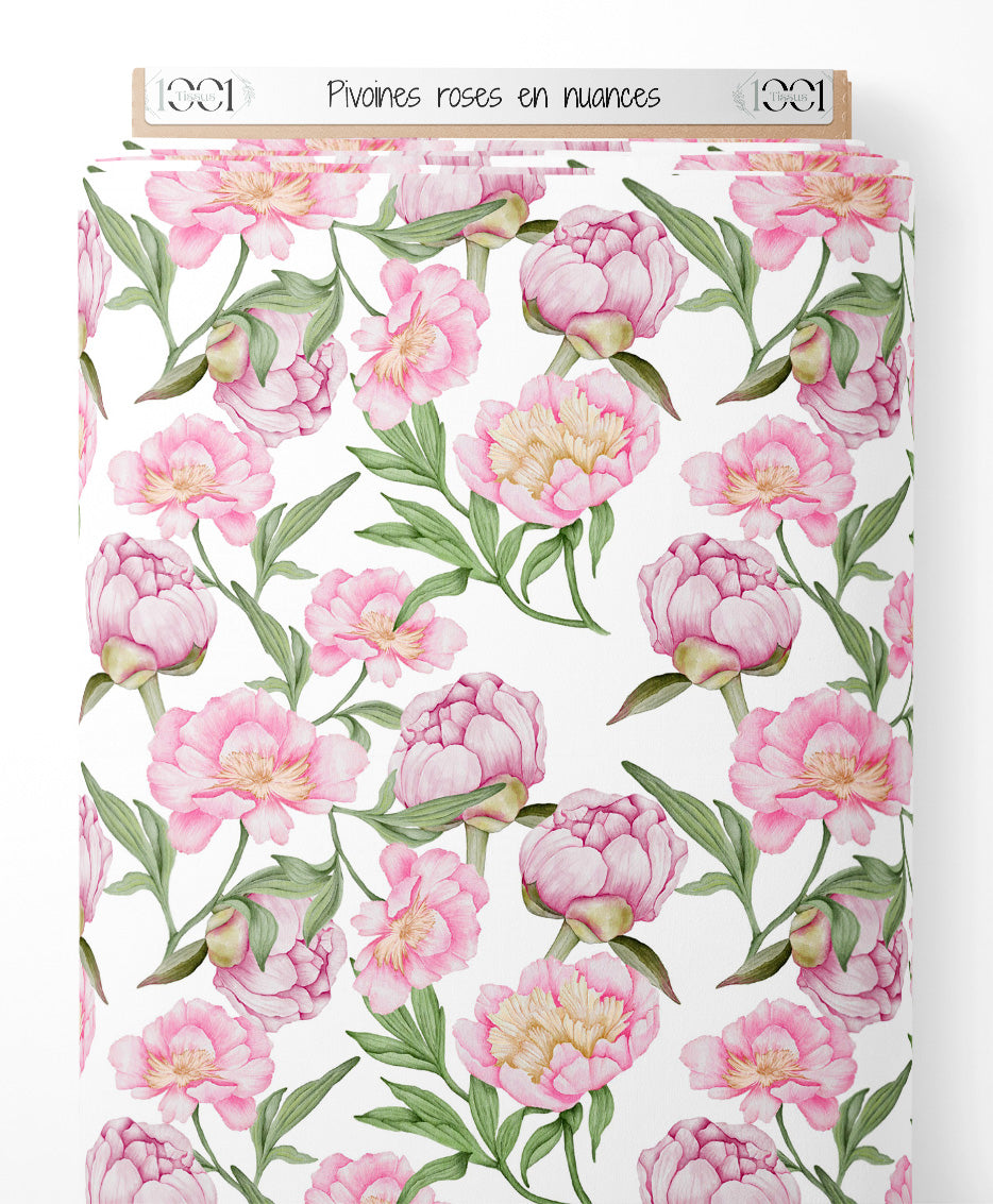 Tissu - Pivoines roses en nuances