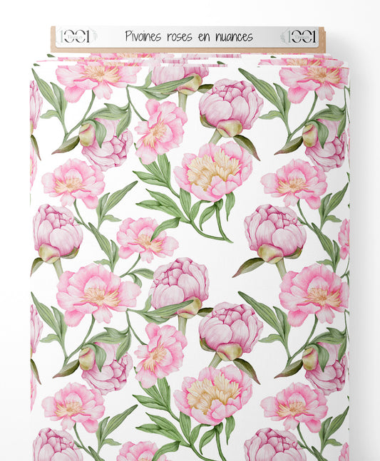 Tissu - Pivoines roses en nuances