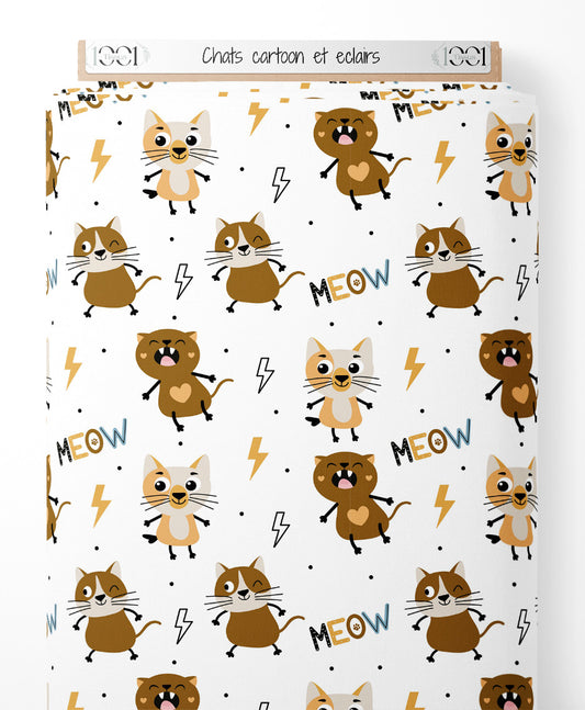 Tissu - Chats cartoon et éclairs