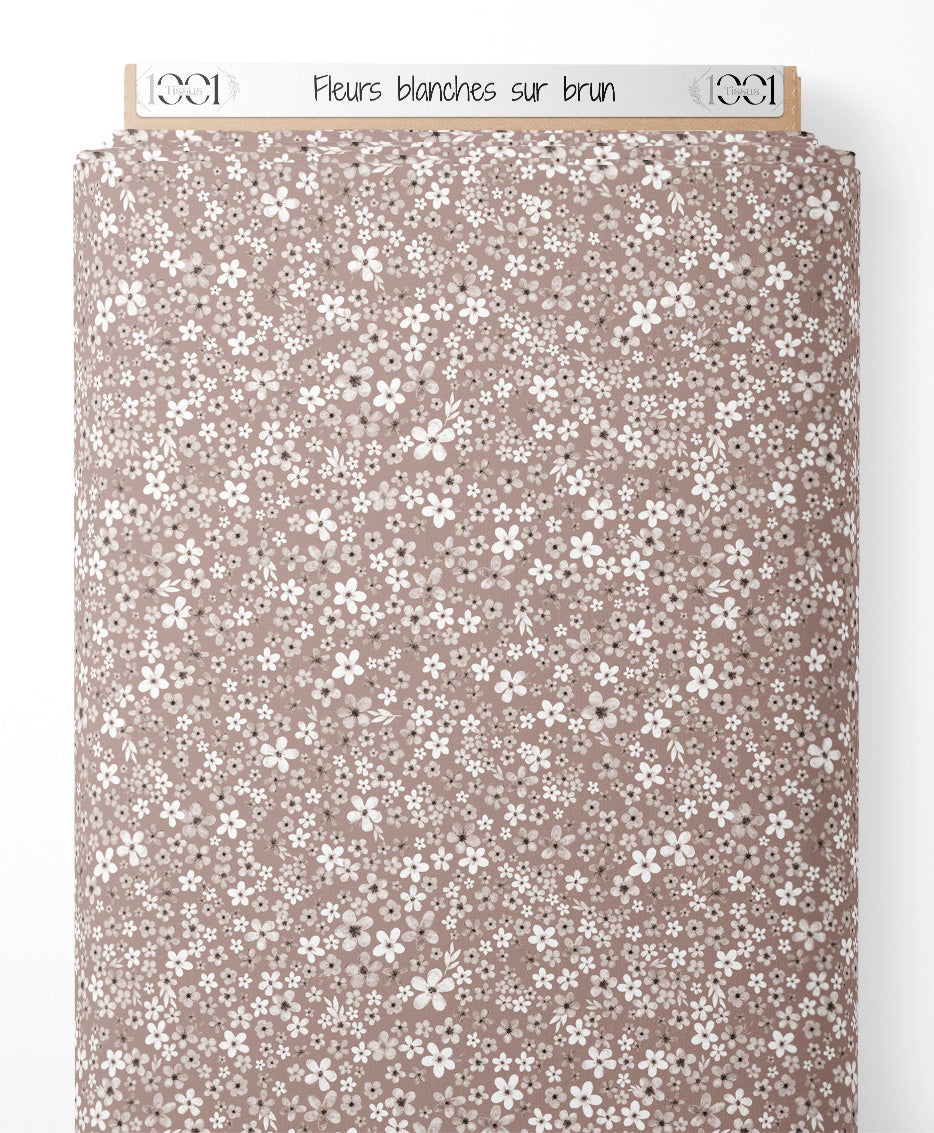 Tissu - Fleurs blanches sur brun