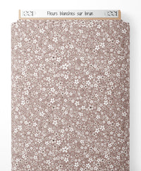 Tissu - Fleurs blanches sur brun