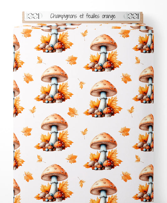 Tissu - Champignons et feuilles orange