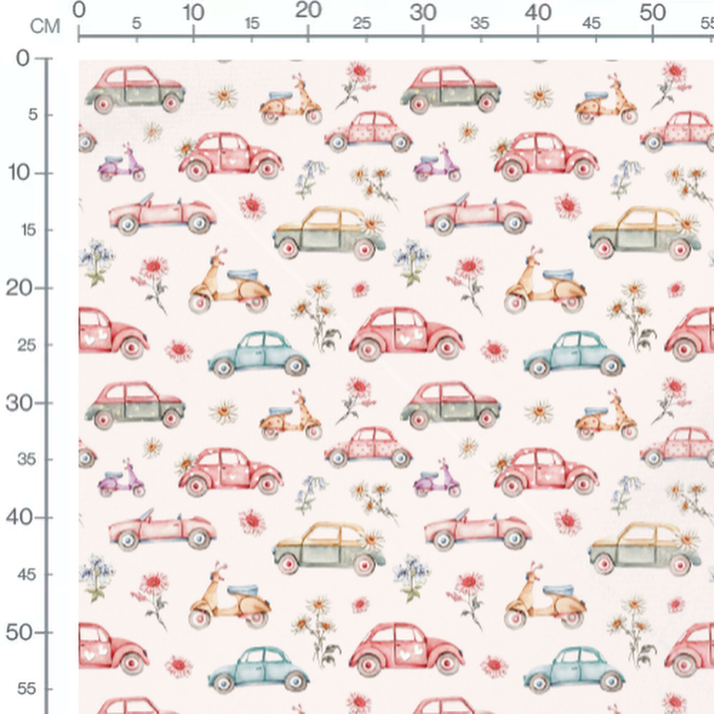 Tissu - Véhicules pastel sur fond blanc