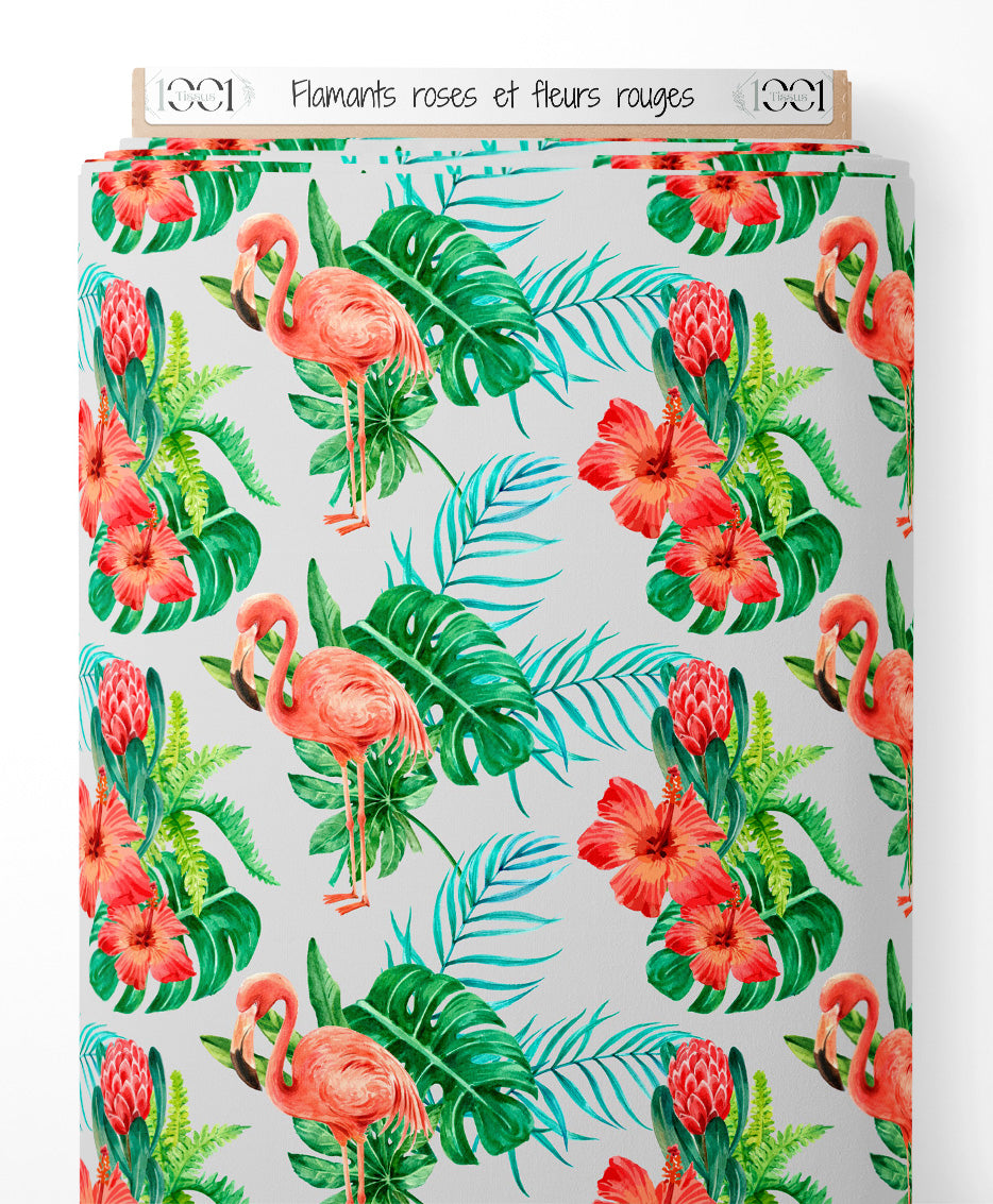 Tissu - Flamants roses et fleurs rouges