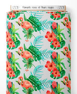 Tissu - Flamants roses et fleurs rouges
