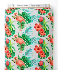 Tissu - Flamants roses et fleurs rouges