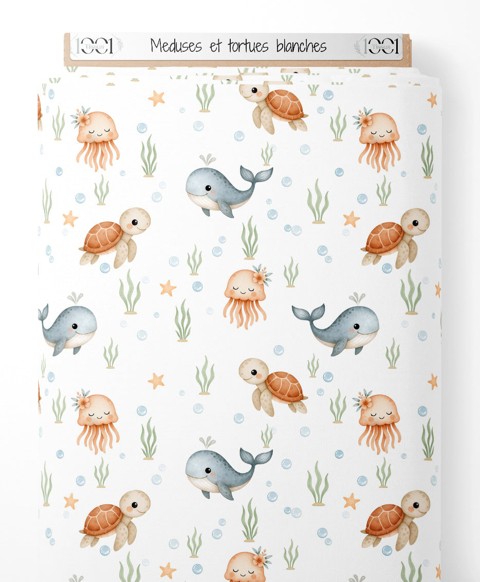 Tissu - Méduses et tortues blanches