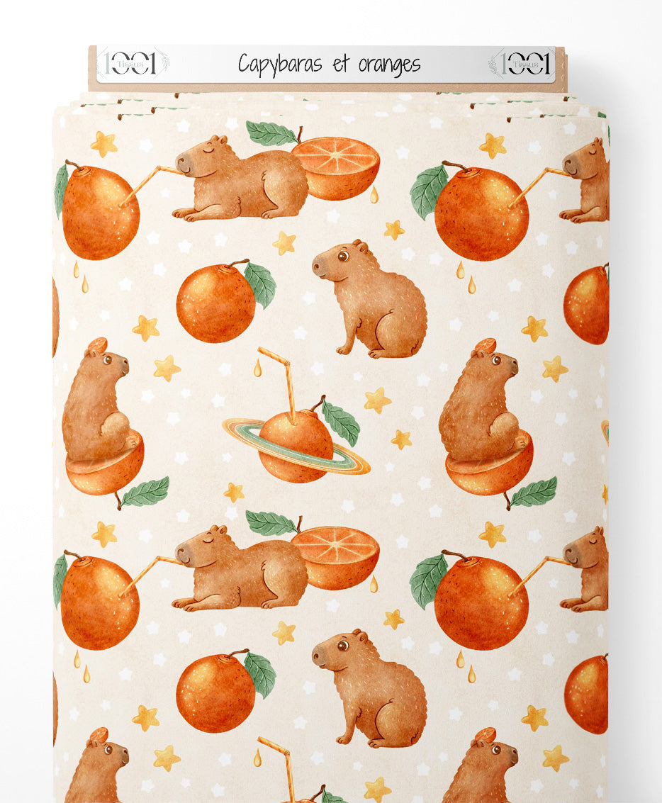 Tissu - Capybaras et oranges