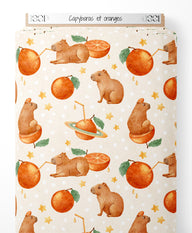 Tissu - Capybaras et oranges