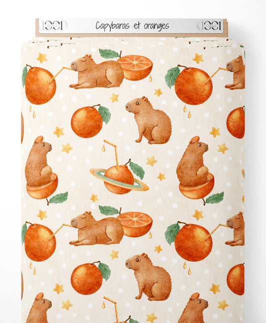 Tissu - Capybaras et oranges
