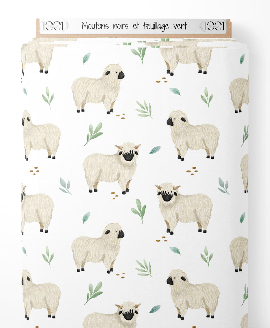 Tissu - Moutons noirs et feuillage vert